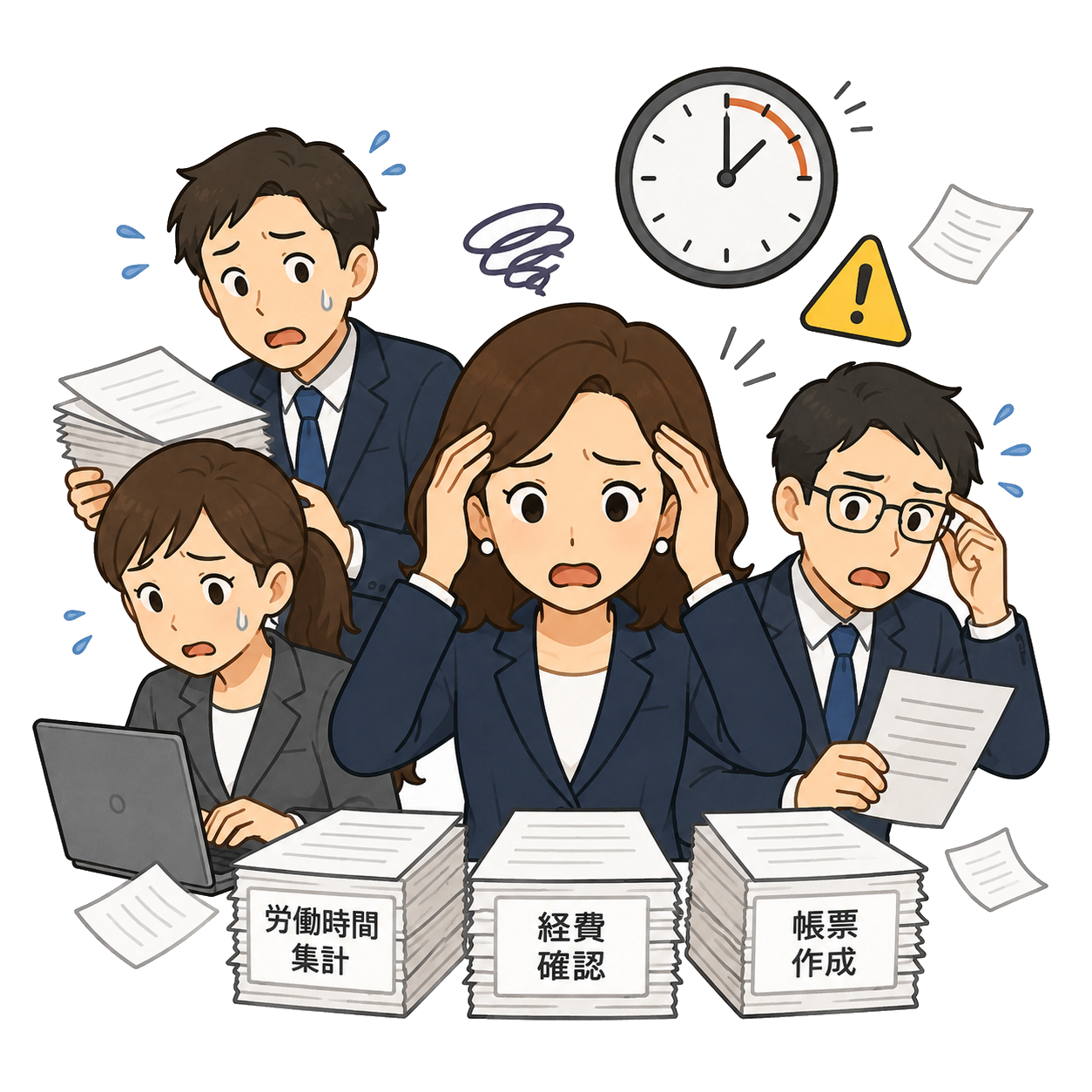 工数集計・経費確認・帳票作成に追われる担当者のイメージ