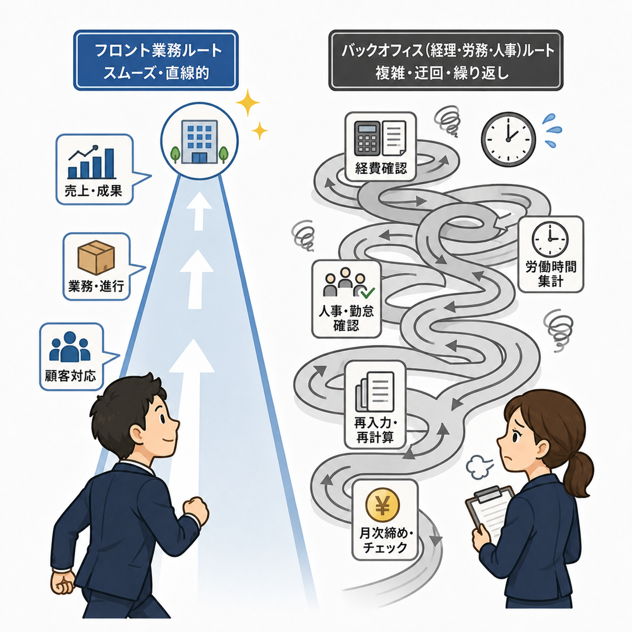 表面の業務は進んでいても会計・労務・人事管理の裏側で複雑な確認が発生するイメージ